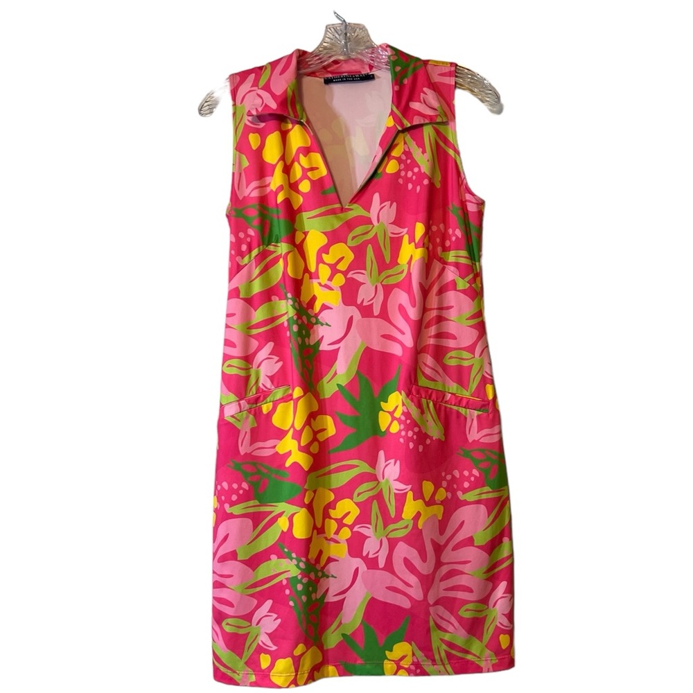Katherine Way Sleeveless Golf Shift Dress in Tropical Pink Multi Print  … - Picture 2 of 6